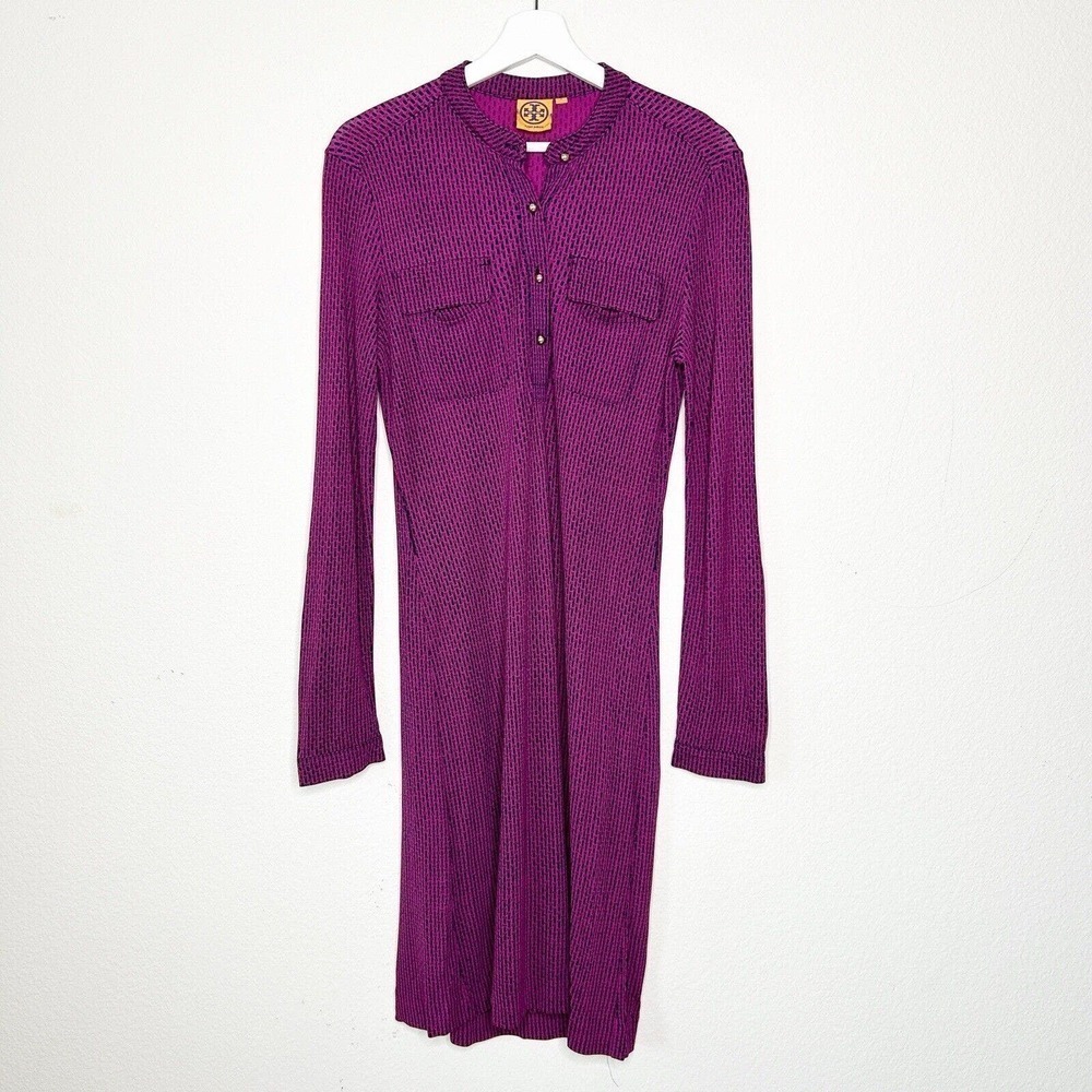 Tory Burch Purple/Fuschia and Black Long Sleeve Shirt Dress S